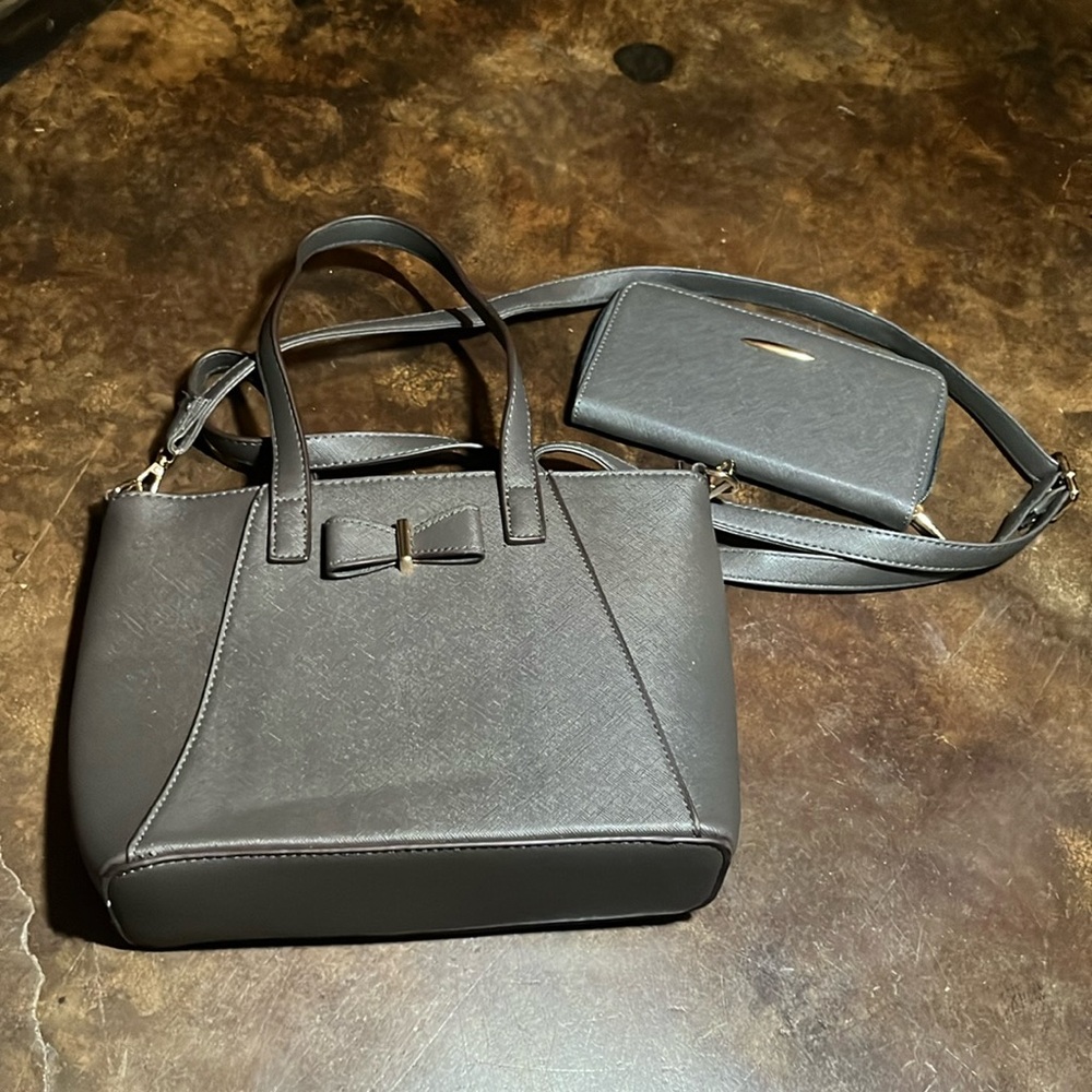 Dark Gray Purse with Bow and Matching Wallet